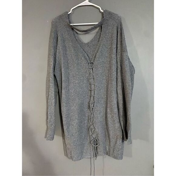 MAURICES V-Neck Lace Up Keyhole Back Gray Pullover Knit Sweater Size 2X - Picture 3 of 5